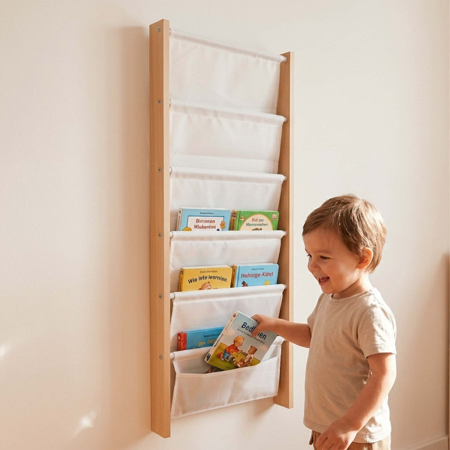 Étagère à livres « 7 poches » blanche - (L)44.5 x (H)118 x (P)6 cm — Monptitlou
