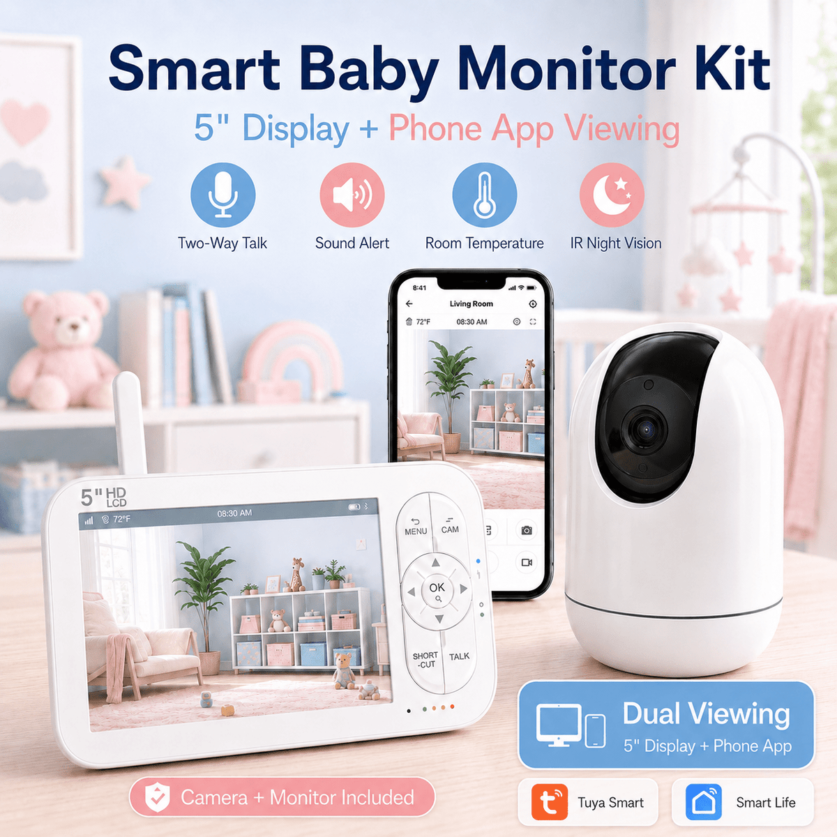 Babyphone 1080P TUYA avec caméra PTZ, batterie rechargeable 5000Mah — Monptitlou Image
