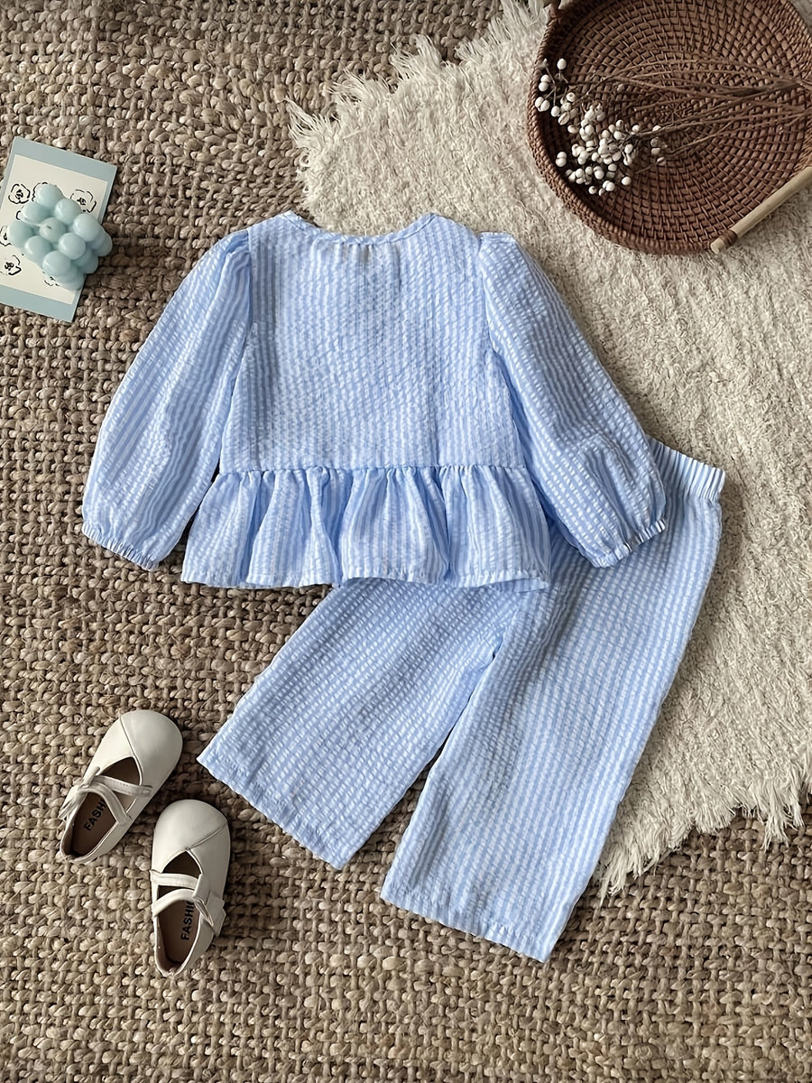 Ensemble haut à manches longues avec nœud et pantalon à rayures bleues — Monptitlou