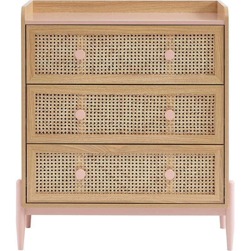 Commode enfant MAREO 80 cm rose pastel et effet chêne avec cannage — Monptitlou