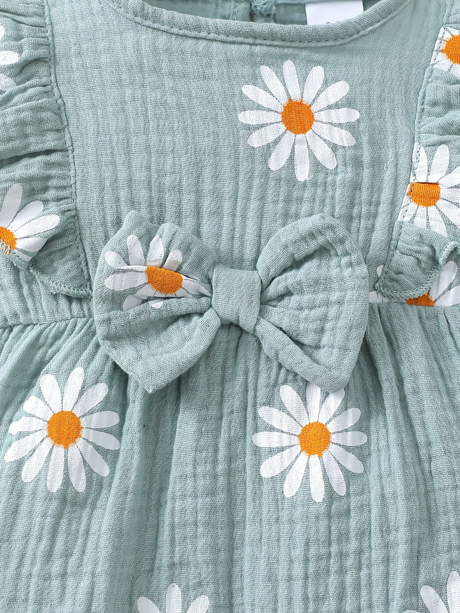 Romper bébé fille été style mignon avec motif petite marguerite imprimé, tissu froncé double face, dentelle mignonne, sa