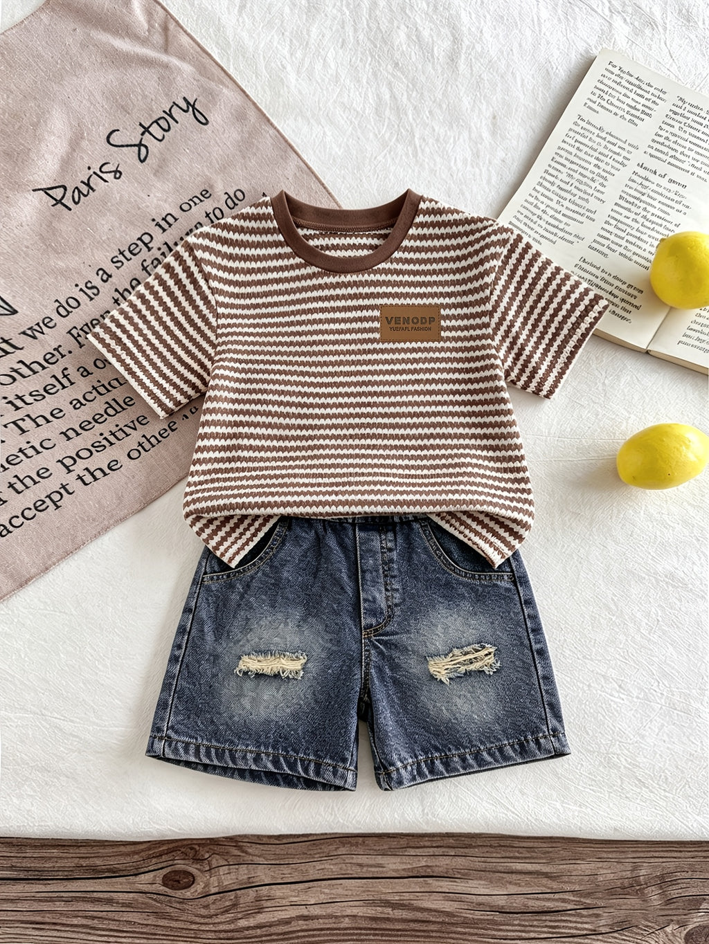 T-shirt col rond jacquard à blocs de couleur pour garçons été et short