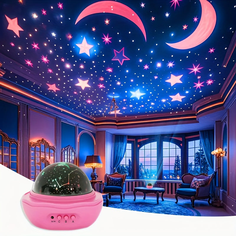 Lampe de nuit étoile et lune rose, projection rotative à 360 degrés — Monptitlou