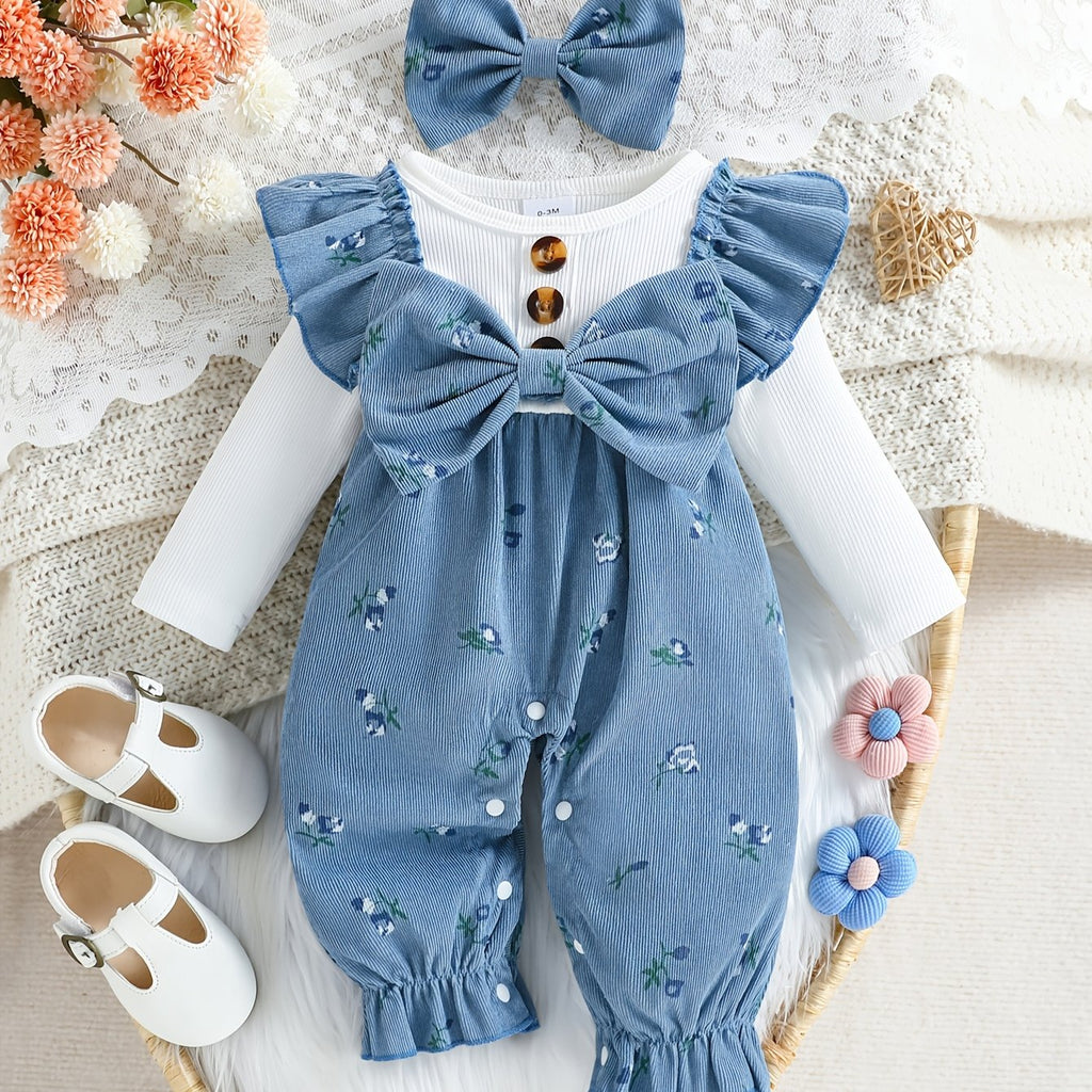 Barboteuse Bébé Fille Mignonne à Manches Longues avec Nœud Floral et — Monptitlou
