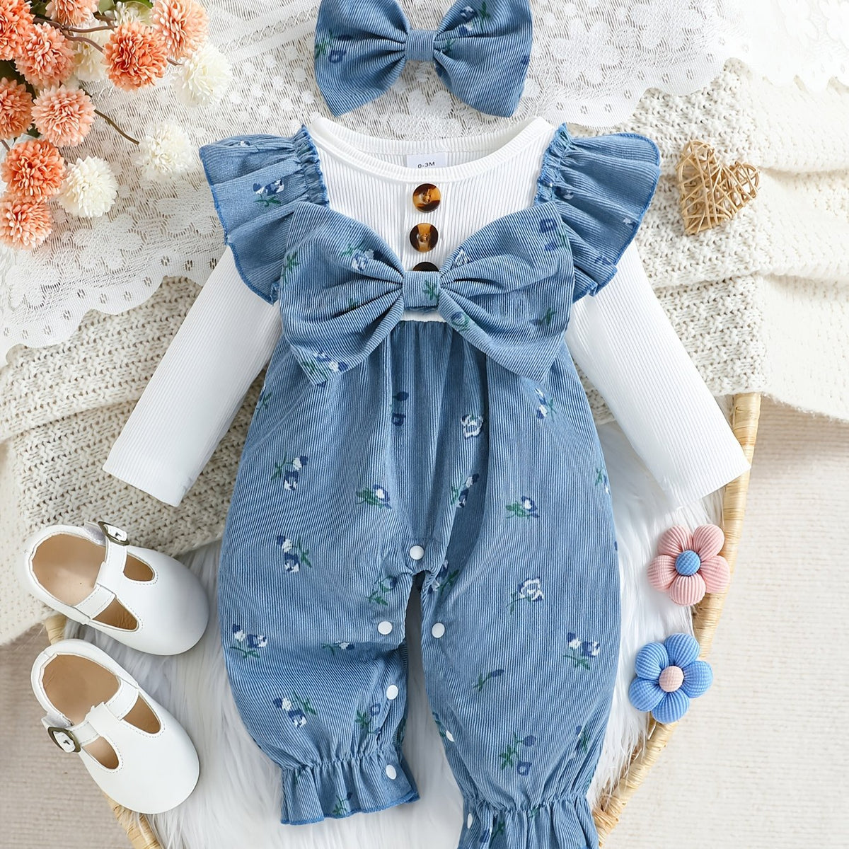 Barboteuse Bébé Fille Mignonne à Manches Longues avec Nœud Floral et — Monptitlou Image