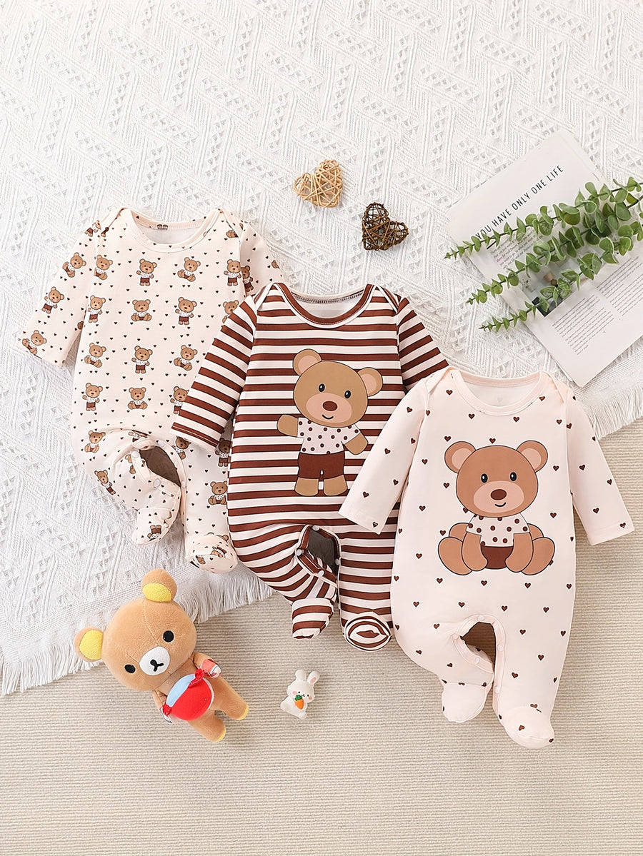 Bodysuits pieds pour bébé, imprimé ours, col rond manches longues — Monptitlou
