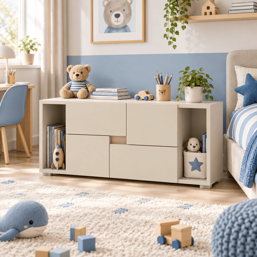 Bibliothèque basse enfant LINOA 4 portes cachemire avec 2 niches — Monptitlou