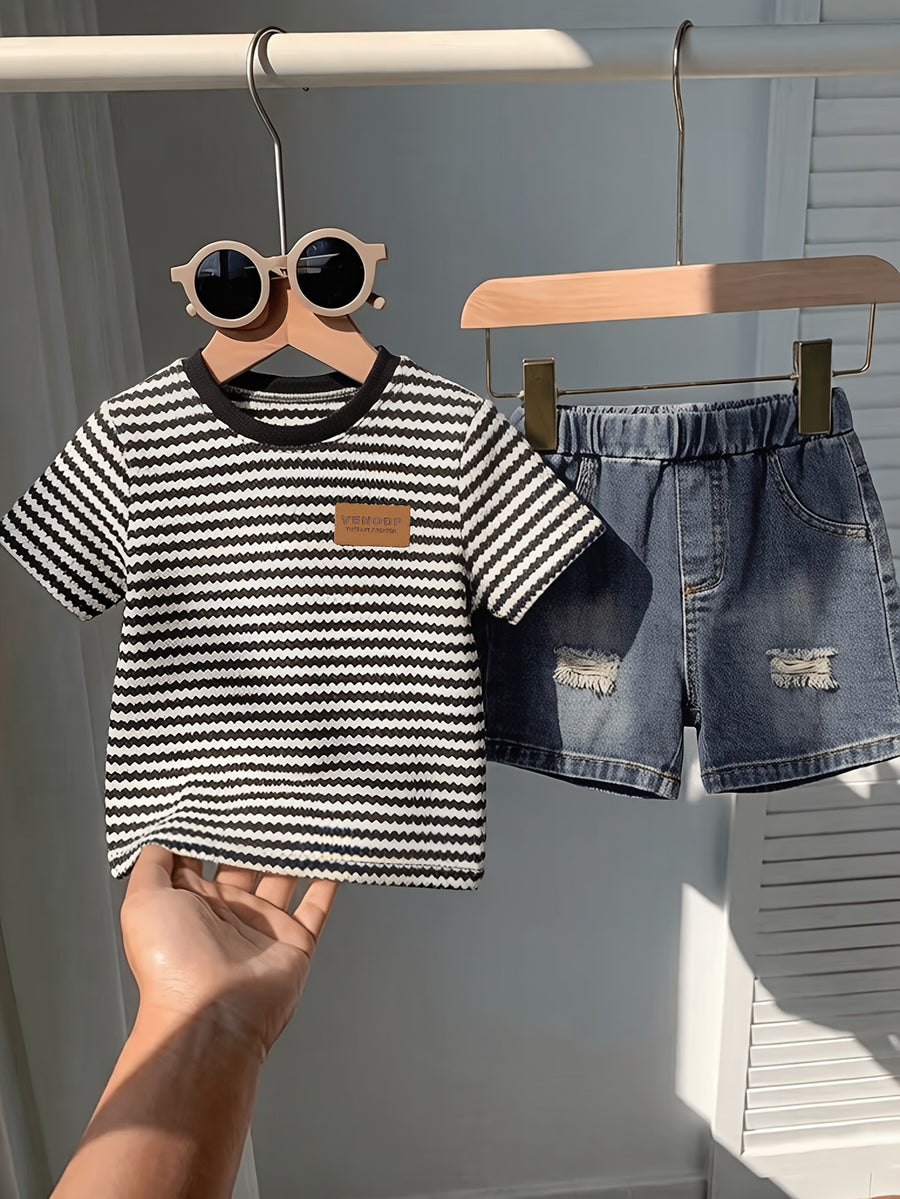 T-shirt col rond jacquard à blocs de couleur pour garçons été et short — Monptitlou