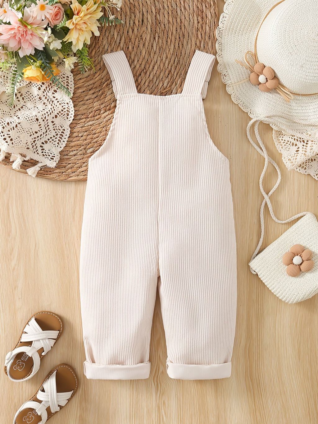 Salopette en velours côtelé pour bébé fille, combinaison avec broderie 3D en forme de serviette et fleurs, pantalon déco