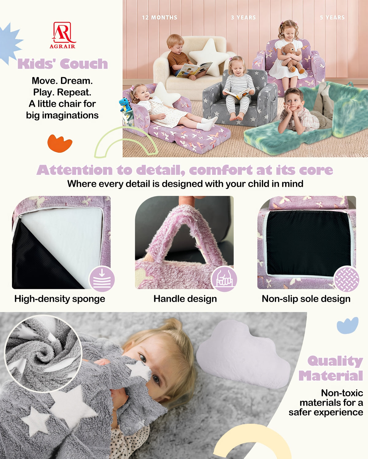 Canapé-lit pliable 2 en 1 pour enfants, tissu flanelle doux — Monptitlou Image