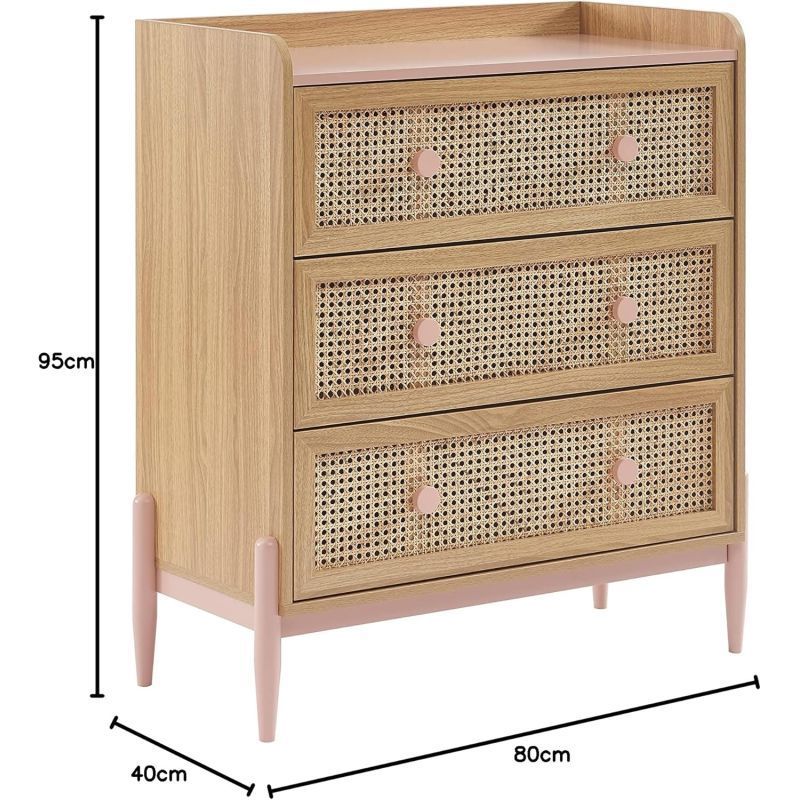 Commode enfant MAREO 80 cm rose pastel et effet chêne avec cannage, photo 13