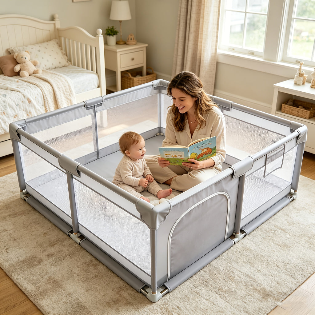 Barrière bébé surdimensionnée grise, filet souple et respirant — Monptitlou