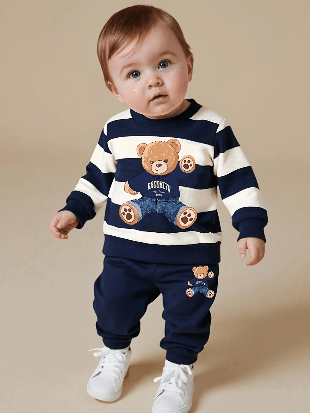 Ensemble sweat à manches longues en polaire imprimé ours cartoon rayé