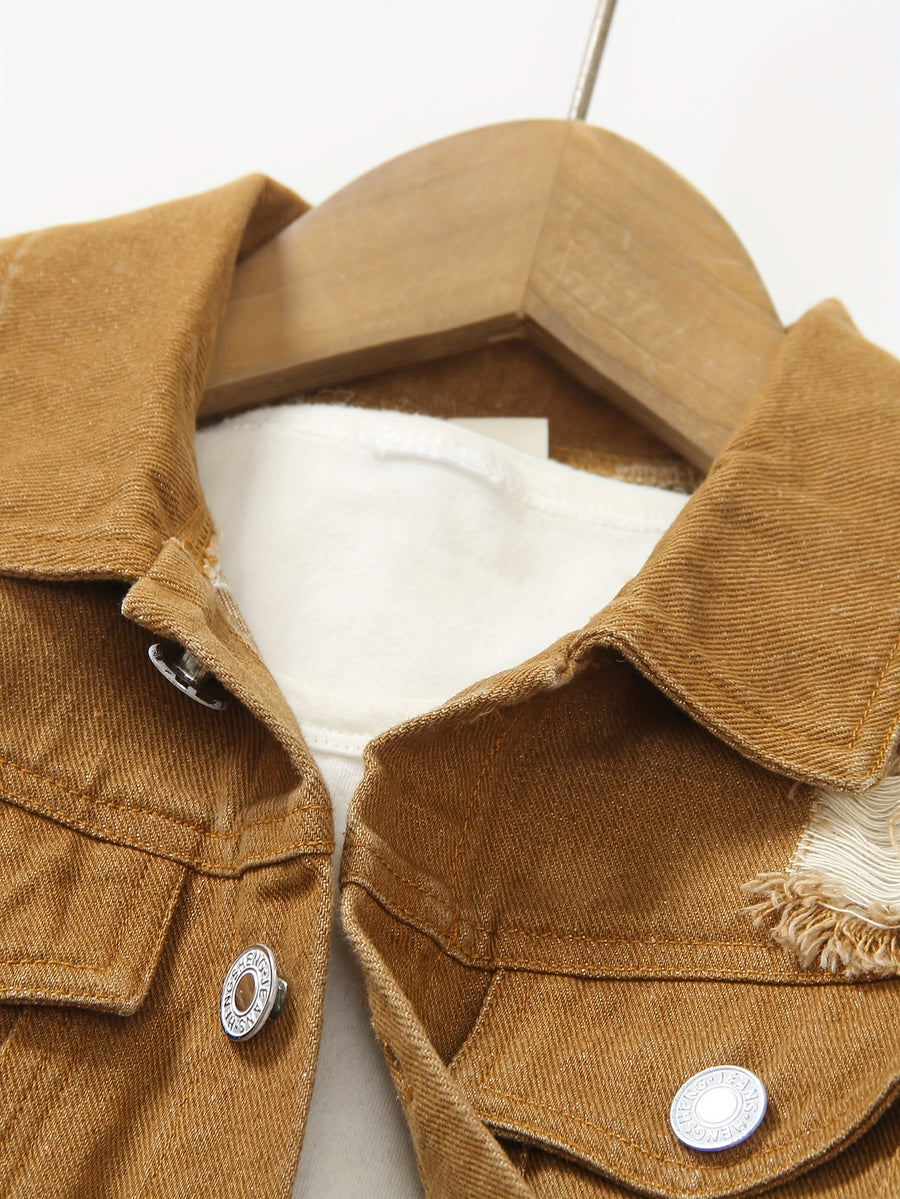 Ensemble Jeans à Manches Longues et Taille Élastique Déchiré pour