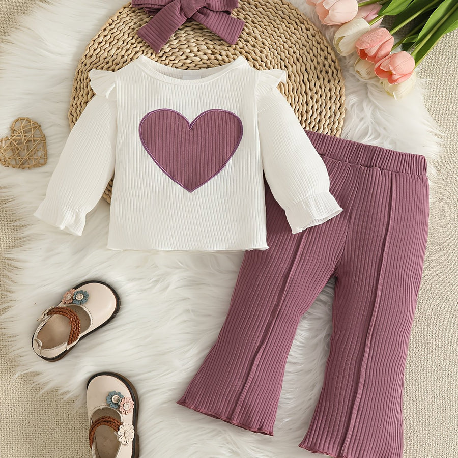 Ensemble trois pièces haut à manches longues brodé cœur + pantalon + — Monptitlou