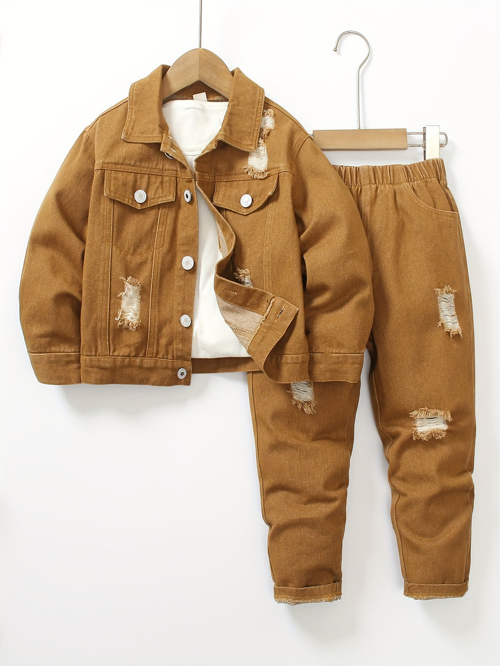 Ensemble Jeans à Manches Longues et Taille Élastique Déchiré pour — Monptitlou