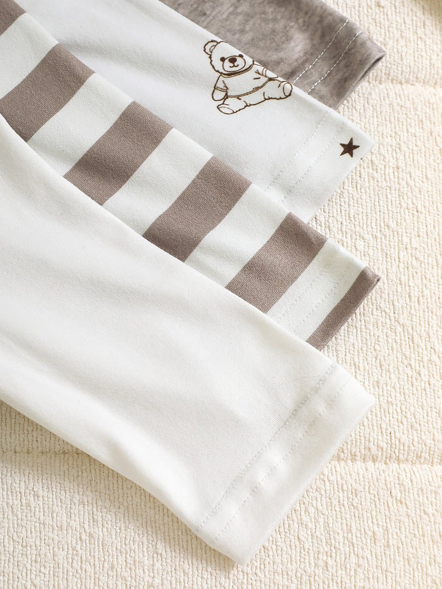 Body pour nouveau-né : rayé marron-gris + imprimé intégral petit ours + — Monptitlou