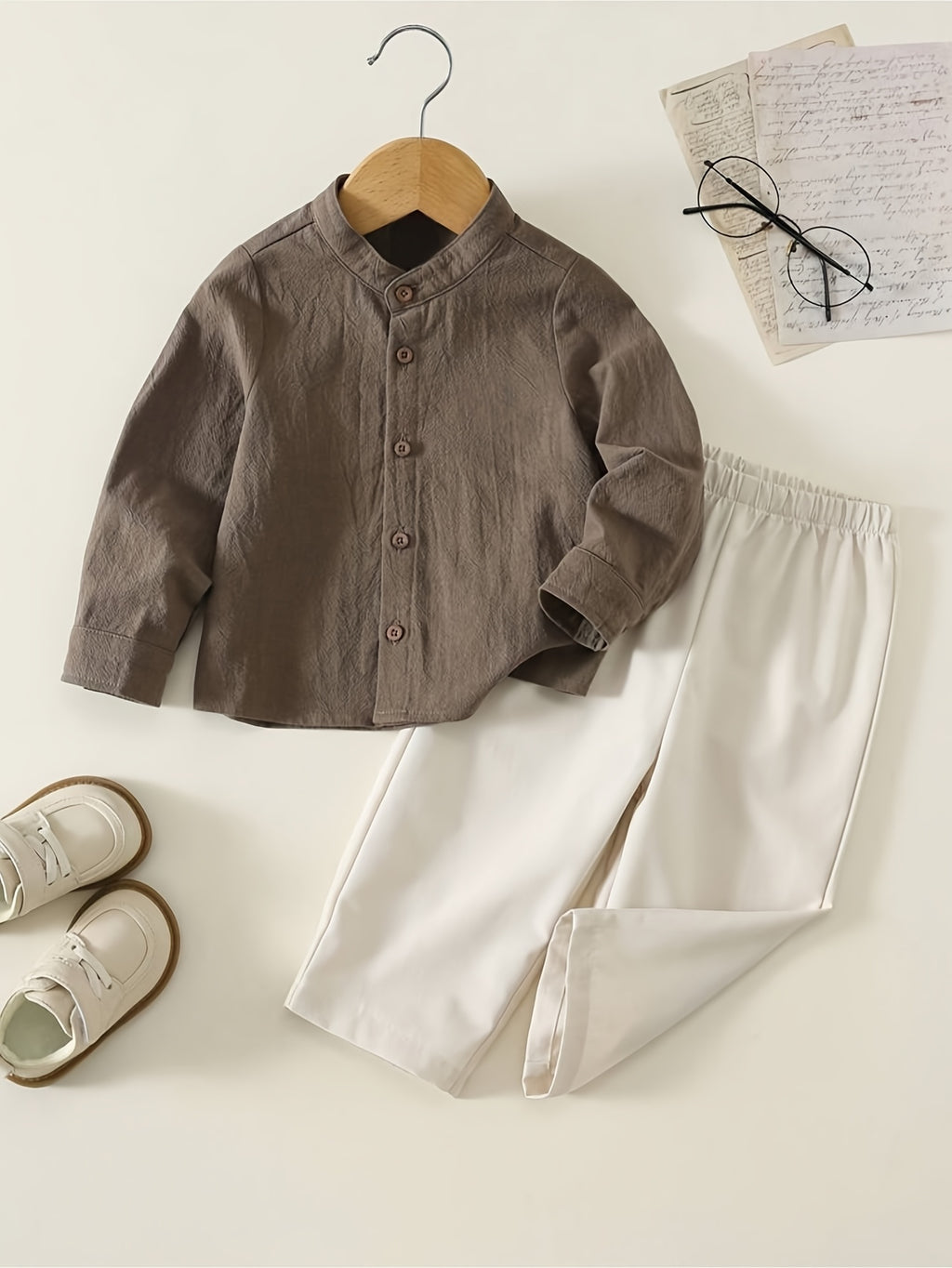 Ensemble chemise manches longues couleur unie et pantalon style — Monptitlou