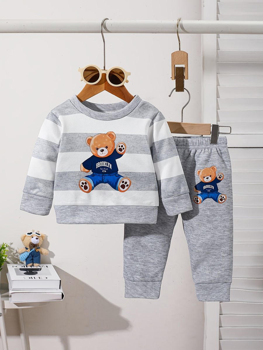 Ensemble sweat à manches longues en polaire imprimé ours cartoon rayé — Monptitlou