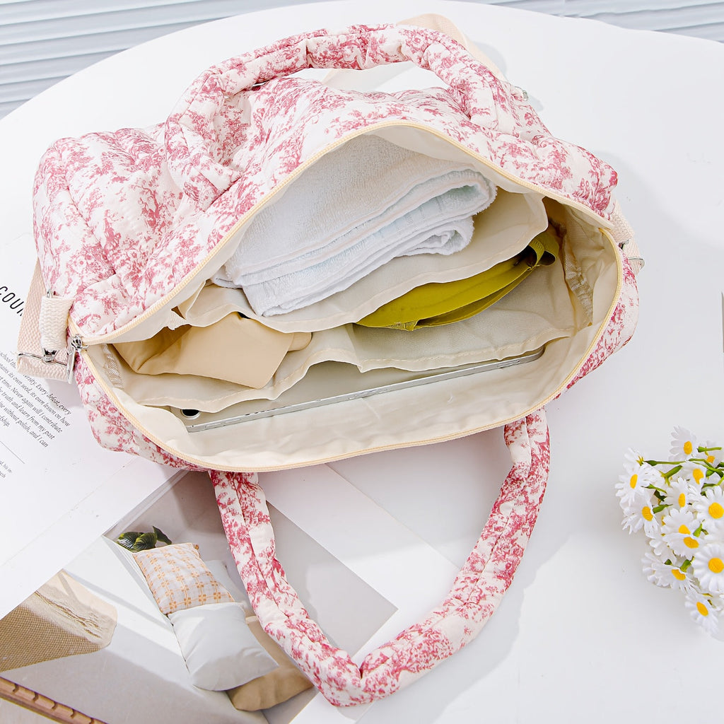 Sac fourre-tout grand modèle à motifs floraux, matelassé, portable avec fleurs mignonnes pour voyage, texture douce, por