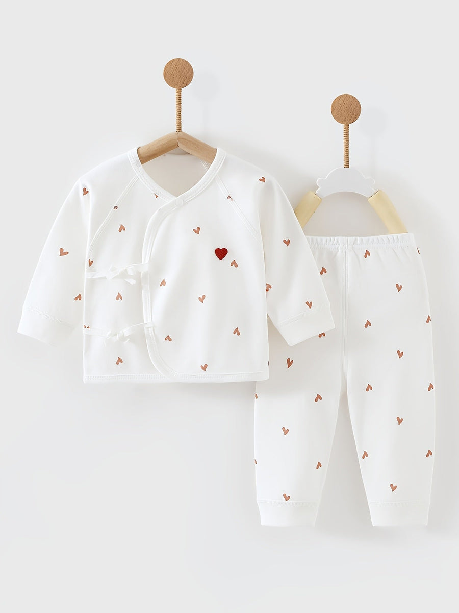 Lot de 3 tenue nouveau-né ensemble haut et bas imprimé cœur doux avec bonnet, unisexe quotidien décontracté pour extérie
