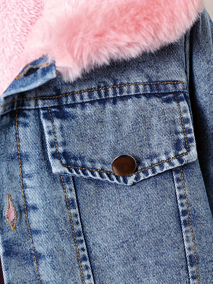 Veste en jean doublée moumoute rose， avec manches longues et capuche — Monptitlou