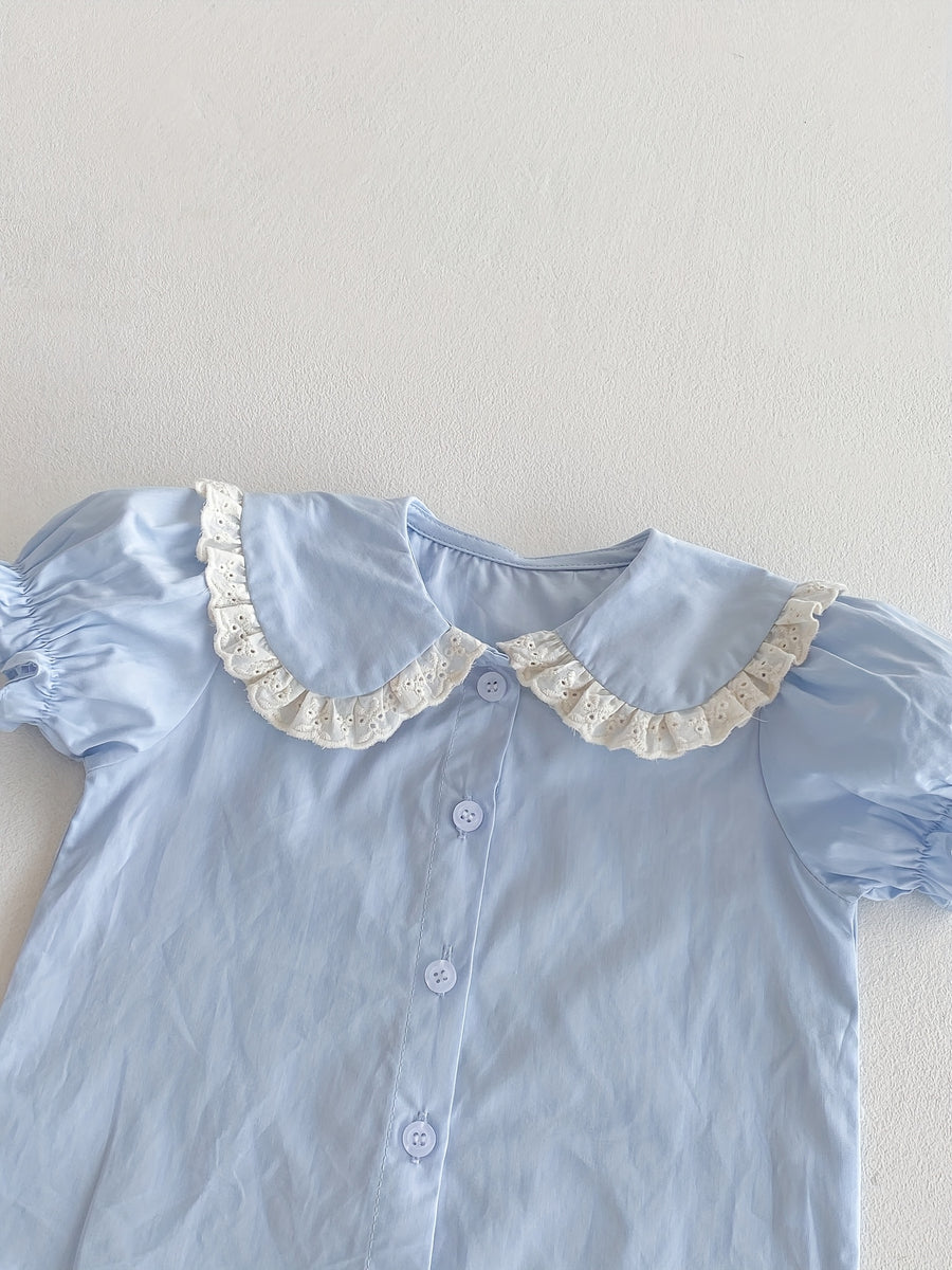 Haut de base ample et court à manches bouffantes en dentelle à revers — Monptitlou