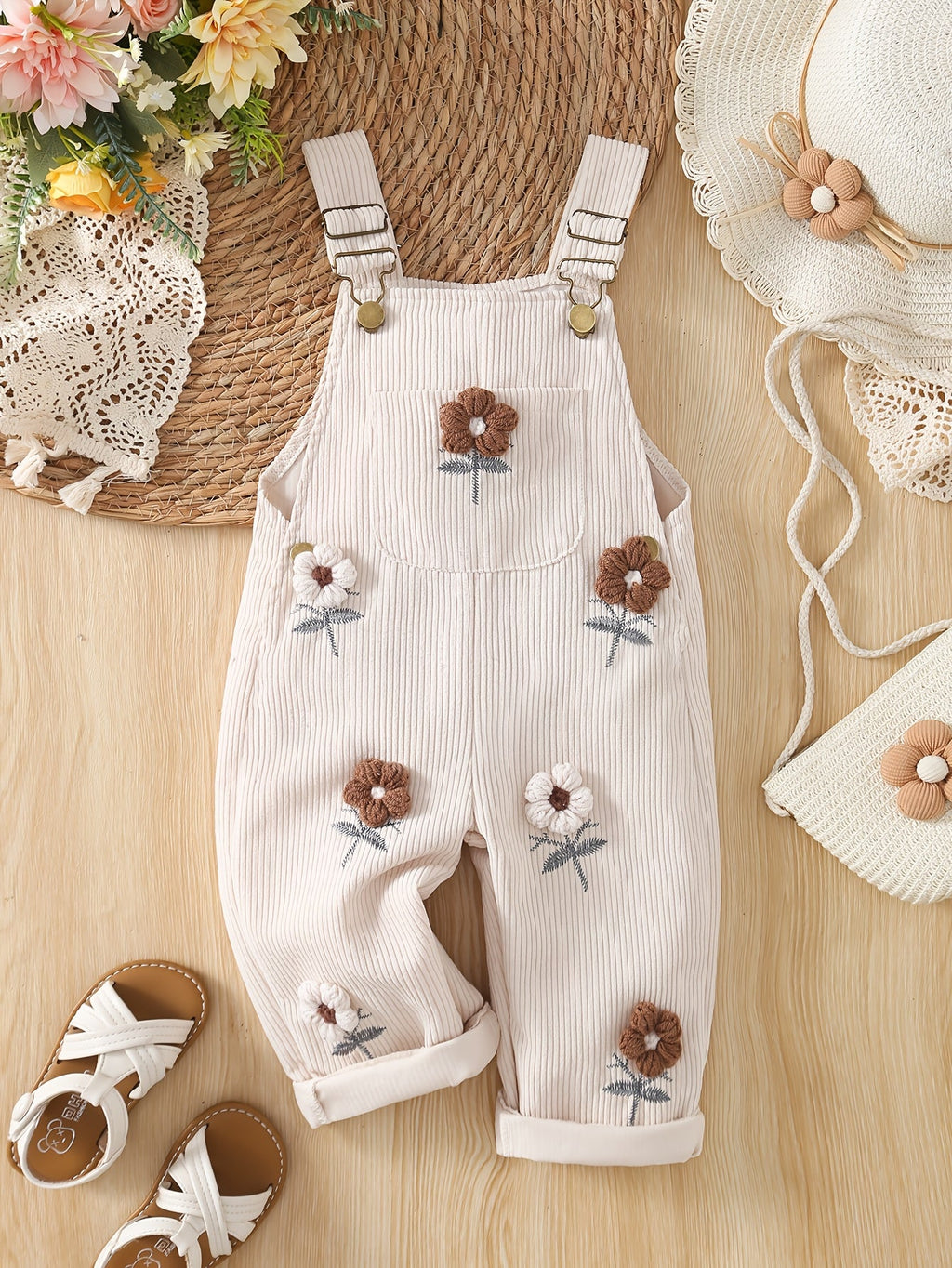 Salopette en velours côtelé pour bébé fille, combinaison avec broderie 3D en forme de serviette et fleurs, pantalon déco