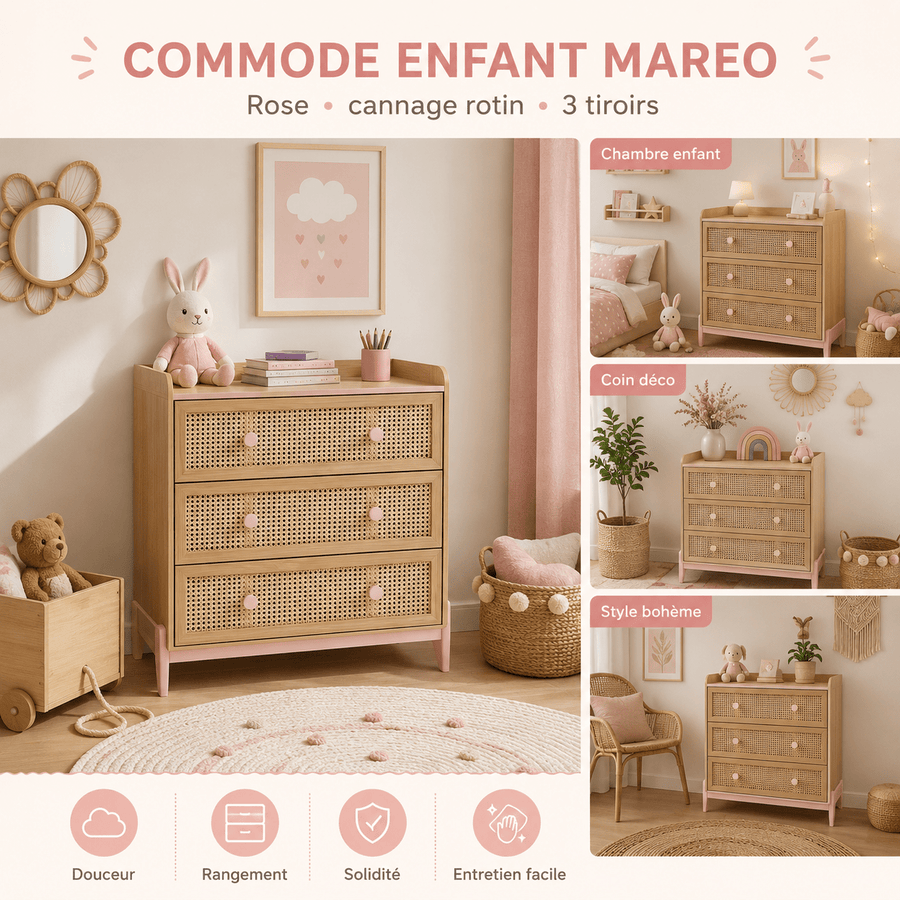 Commode enfant MAREO 80 cm rose pastel et effet chêne avec cannage — Monptitlou