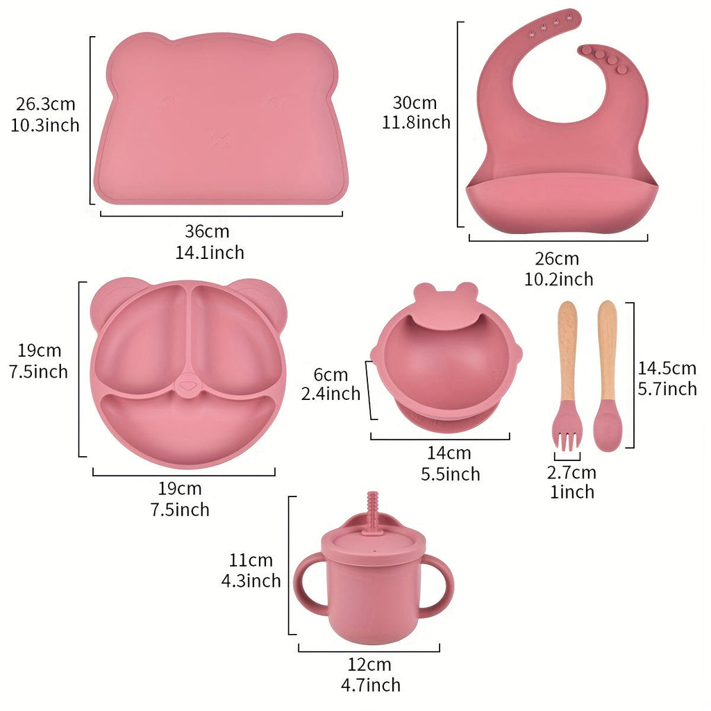 Lot de 7 couverts pour bébé en silicone, couleurs assorties, design cartoon, haute puissance d'aspiration, facile à nett