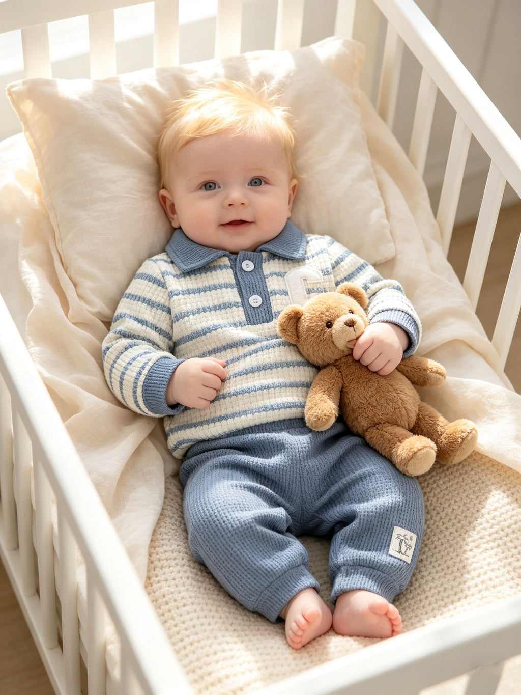 Pantalons polo à col pour bébé 0-1 an, bleu et blanc rayés — Monptitlou