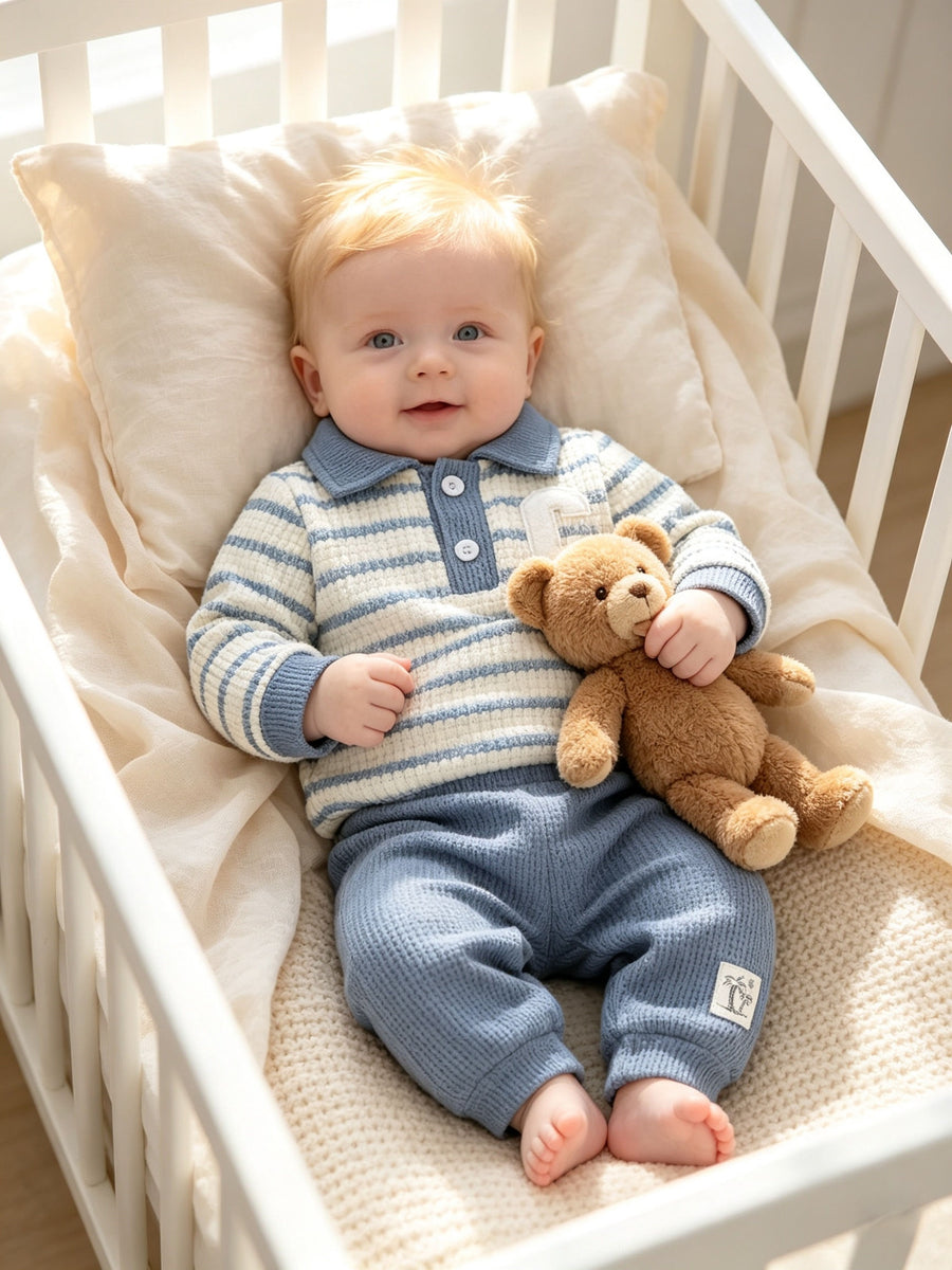 Pantalons polo à col pour bébé 0-1 an, bleu et blanc rayés — Monptitlou