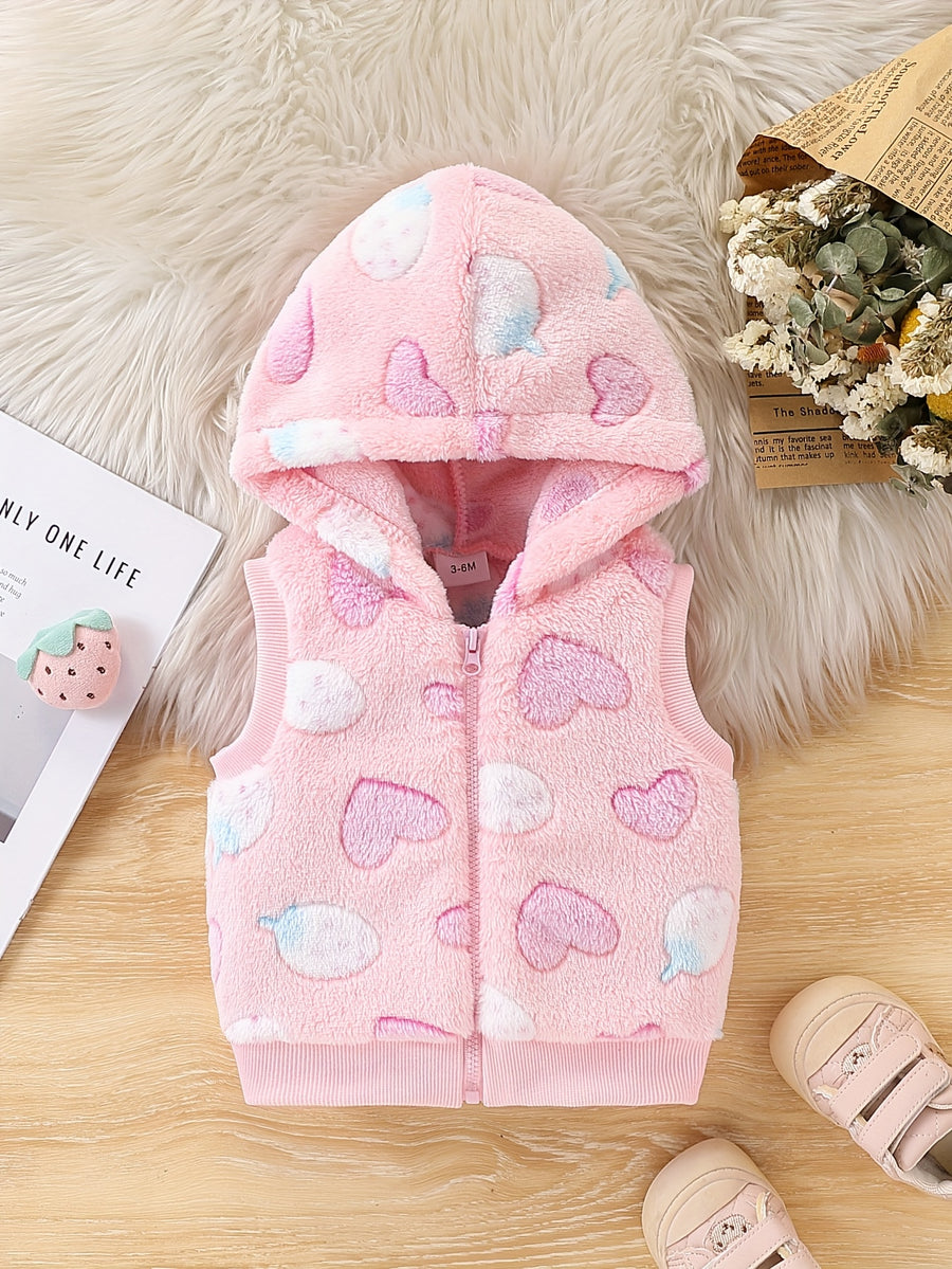 Gilet à capuche en peluche mignon à motifs cœur et fraise pour bébé — Monptitlou