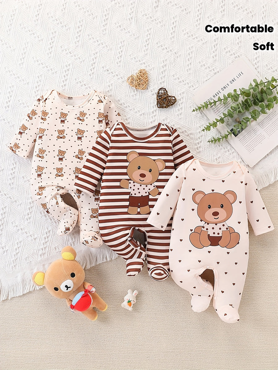 Bodysuits pieds pour bébé, imprimé ours, col rond manches longues — Monptitlou