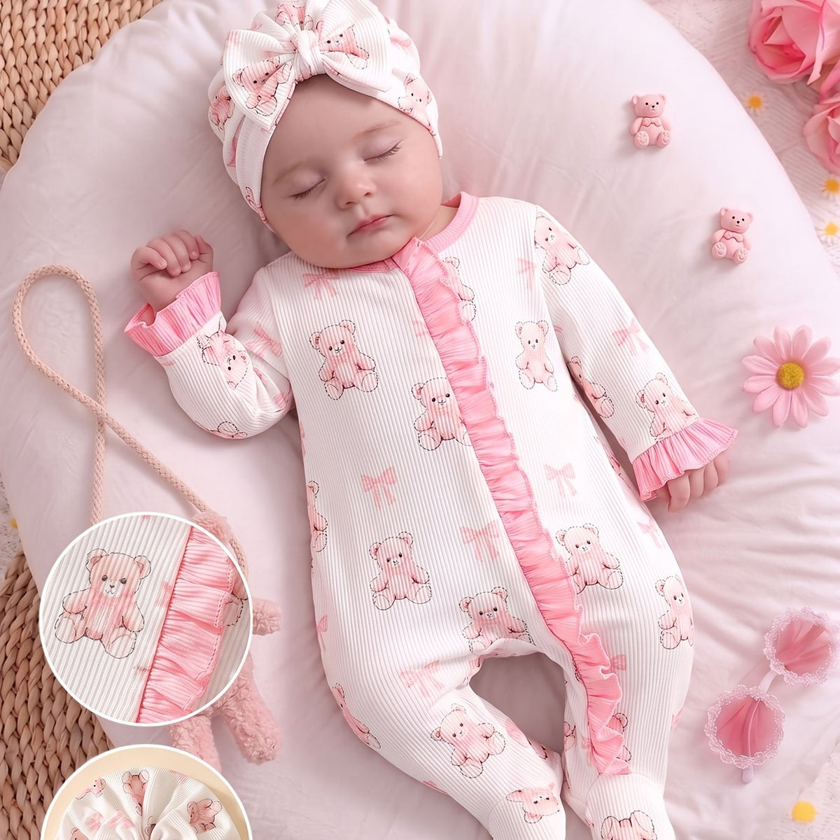 Body bébé fille imprimé ours avec pieds, assorti d'un chapeau nœud — Monptitlou Image
