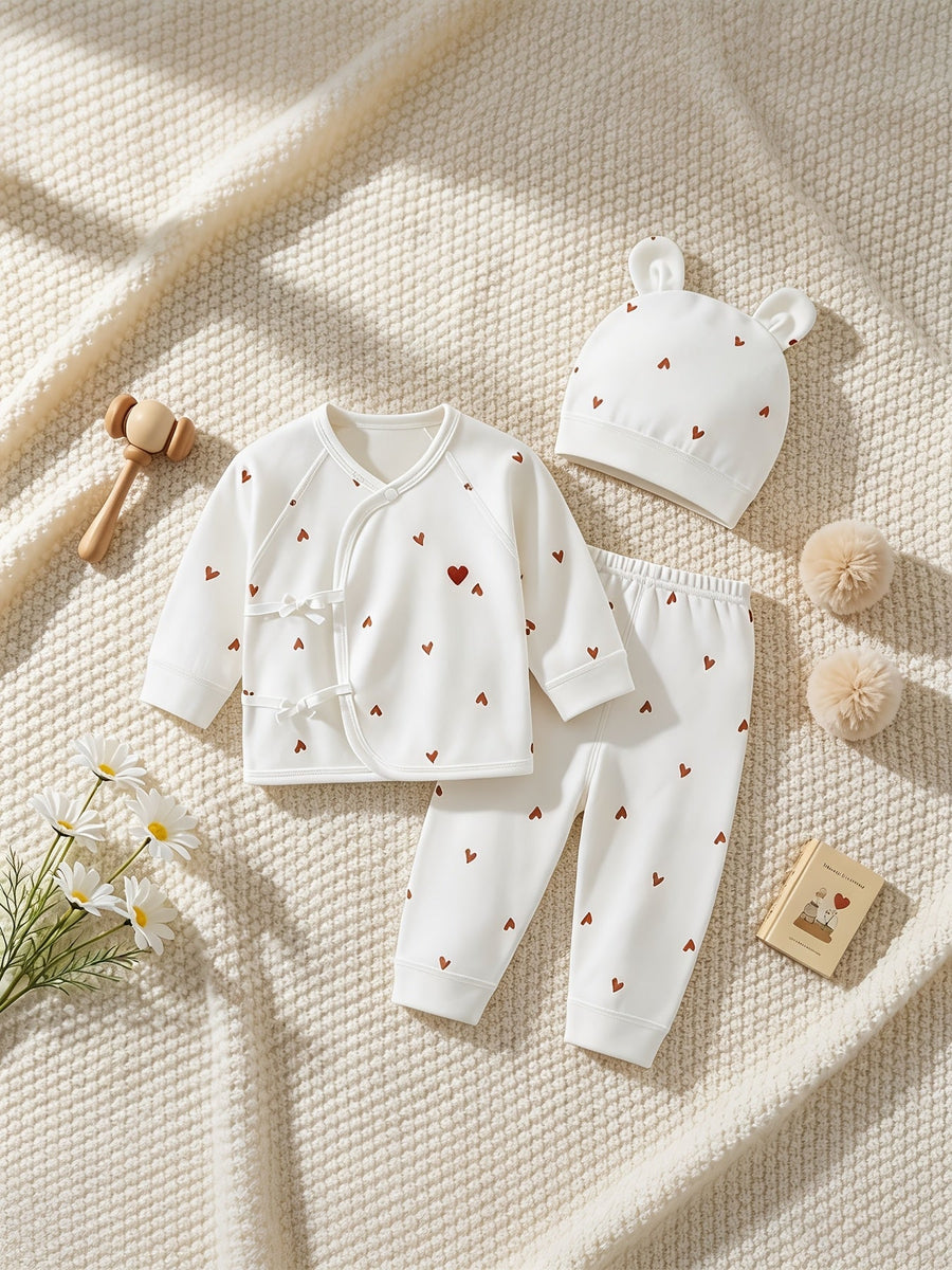 Tenue nouveau-né ensemble haut et bas imprimé cœur doux avec bonnet — Monptitlou