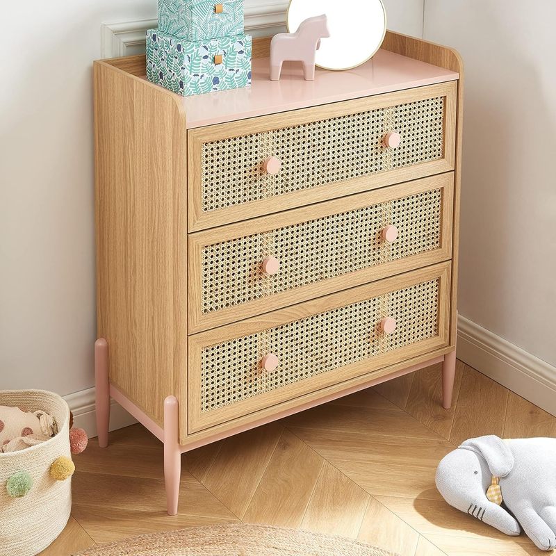 Commode enfant MAREO 80 cm rose pastel et effet chêne avec cannage — Monptitlou