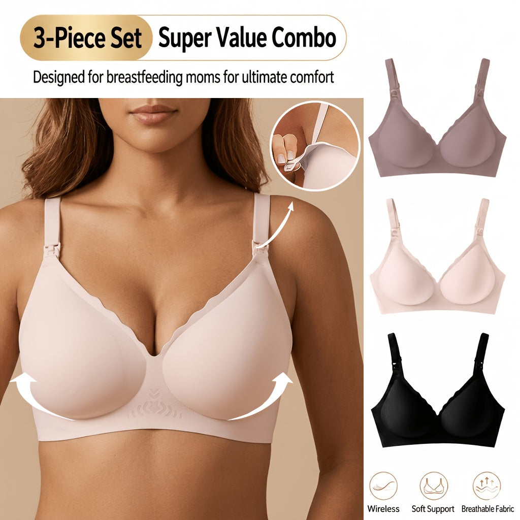 Ensemble 3 pièces Soutien-gorge d'allaitement couleur unie Bord volant — Monptitlou Image