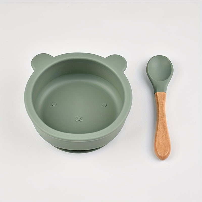 2 pièces ensemble de vaisselle pour bébé en silicone alimentaire avec ventouse, cuillère complémentaire à manche en bois