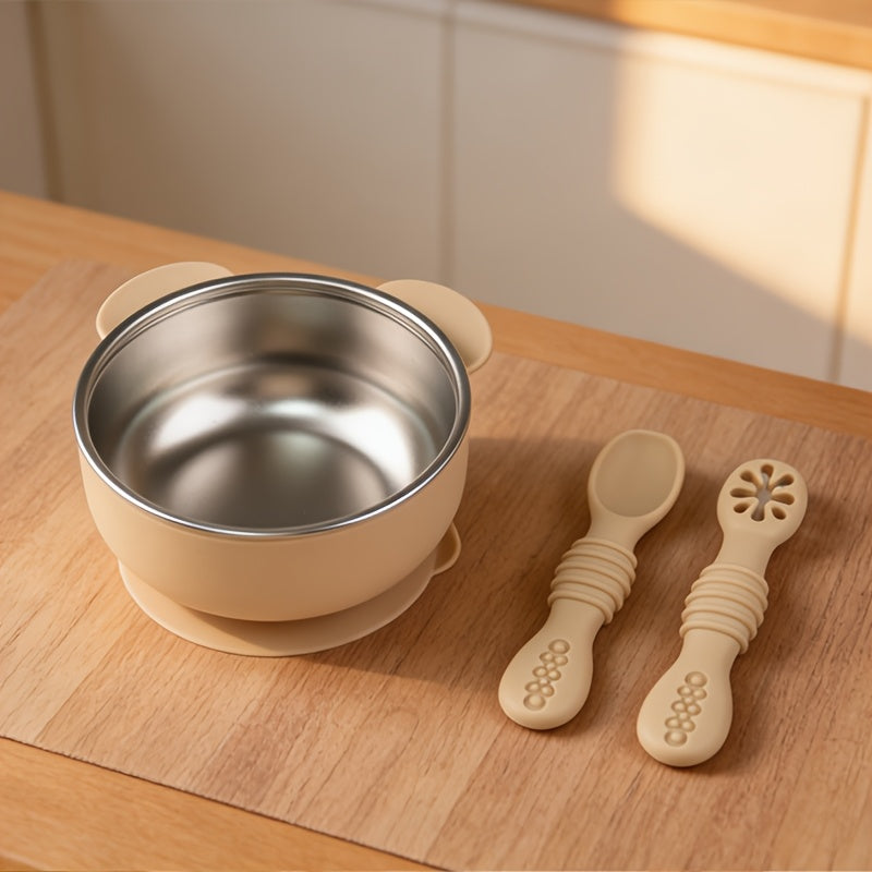 Lot de 3 pièces vaisselle bébé bol en acier inoxydable 304 avec manchon antidérapant alimentaire et cuillère à lécher, b