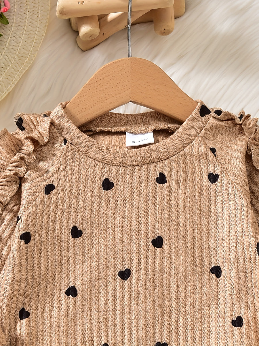 Haut à manches longues en dentelle imprimé amour marron et pantalon — Monptitlou