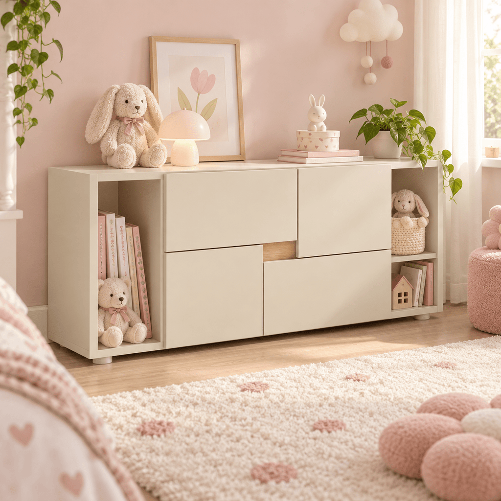 Bibliothèque basse enfant LINOA 4 portes cachemire avec 2 niches — Monptitlou