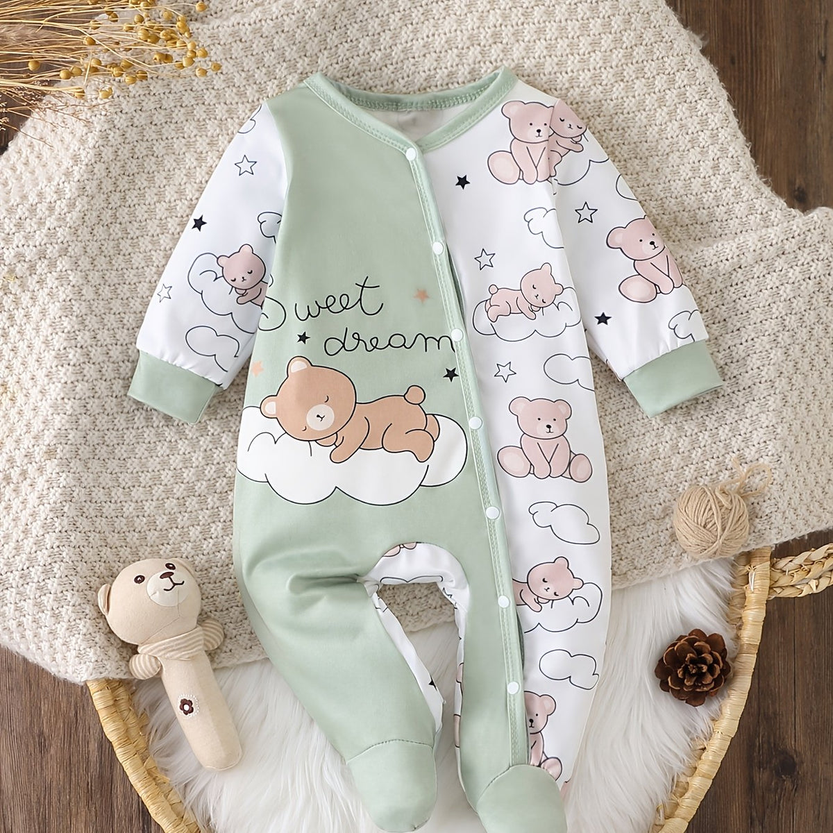 Barboteuse à pieds pour bébé avec imprimé ours endormi "Sweet Dream" — Monptitlou Image