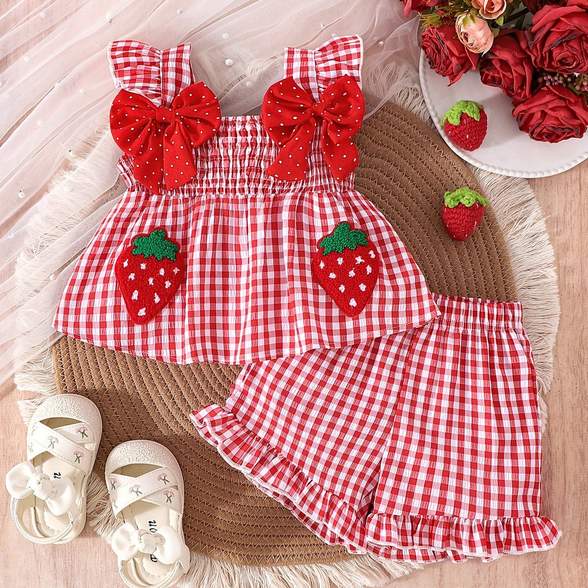 Ensemble 2 pièces pour bébé fille : Haut à col à volants imprimé fraise — Monptitlou Image