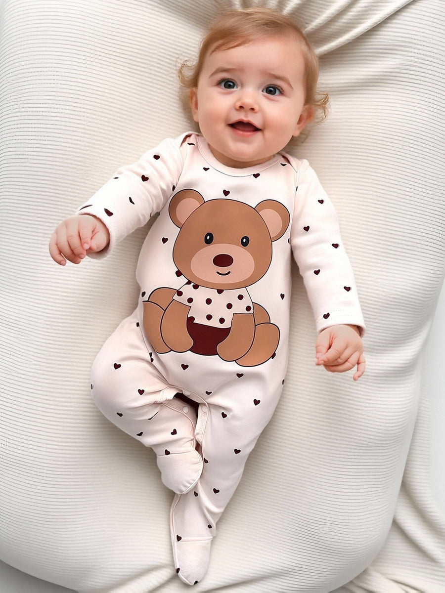 Bodysuits pieds pour bébé, imprimé ours, col rond manches longues — Monptitlou