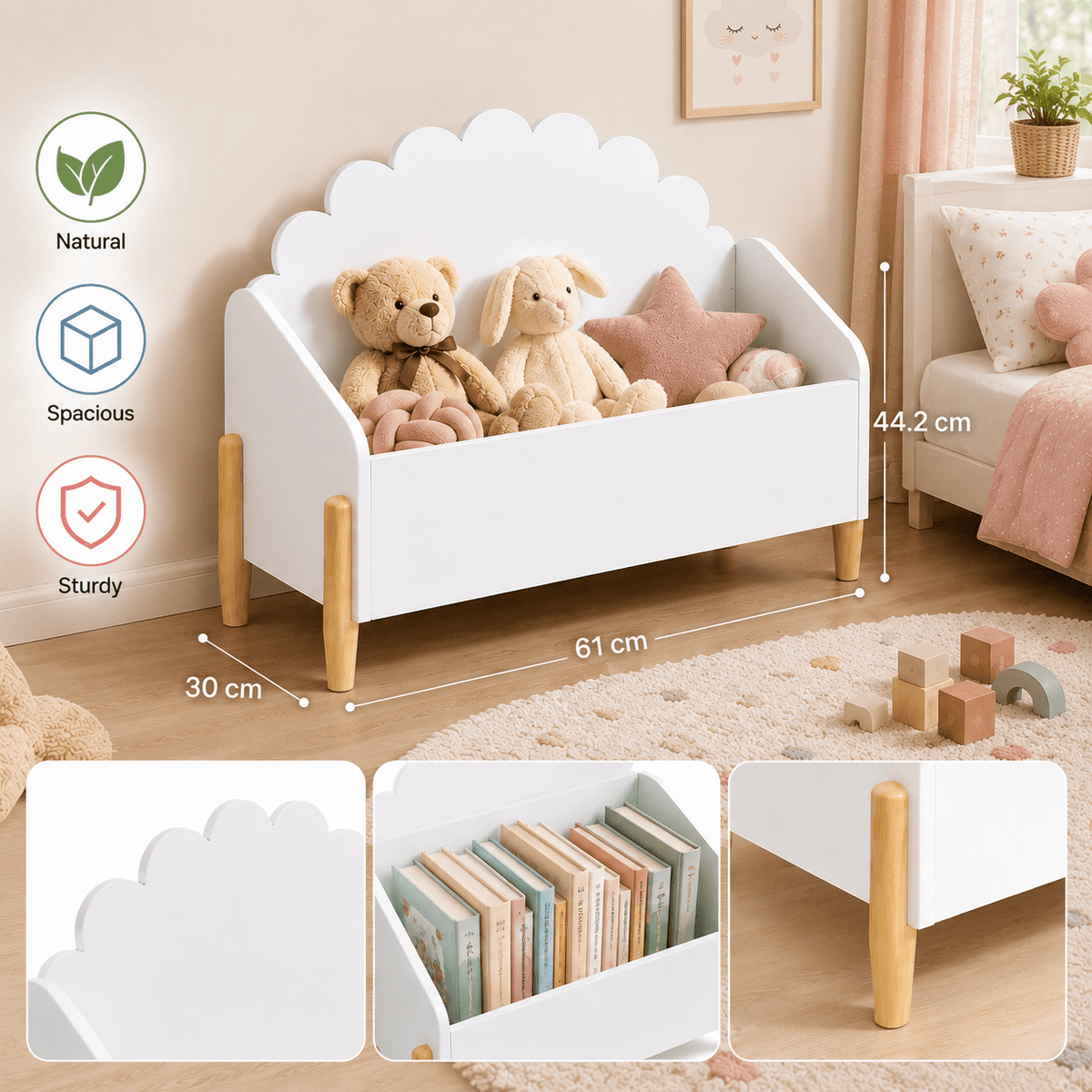 Coffre de Rangement Ouvert Blanc avec Pieds en Bois Naturel – Meuble de — Monptitlou Image