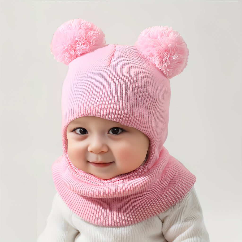 Bonnet Balaclava Confortable 0-3 Ans avec Pompon et Chauffe-Cou — Monptitlou