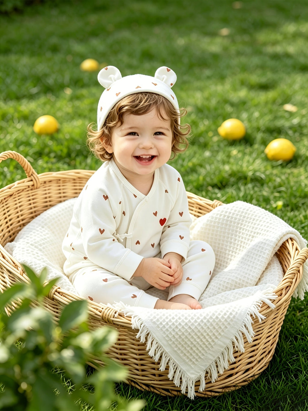 Tenue nouveau-né ensemble haut et bas imprimé cœur doux avec bonnet — Monptitlou