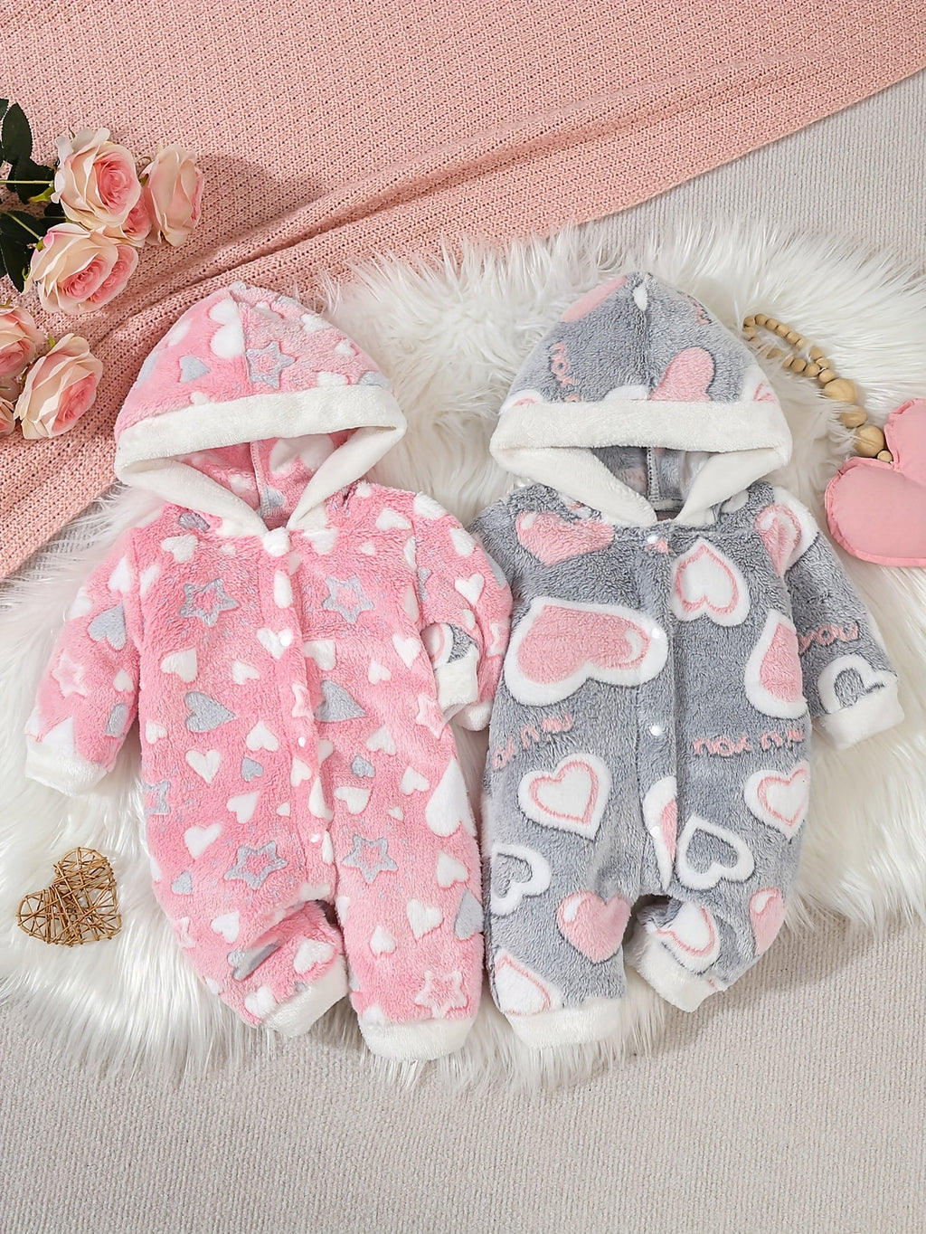 Combinaison à capuche avec motif cœur mignonne pour bébé fille, ensemble 2 pièces automne/hiver, idéale pour l'extérieur