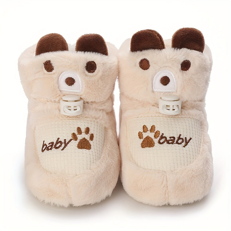 Chaussures d'hiver pour nouveau-nés 0-1 an, bottes chaudes doublées peluche avec motifs mignons, semelles souples, chaus